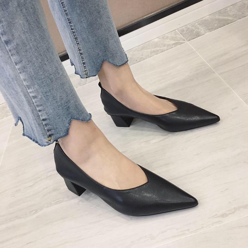

work woman pumps brief pointed toe shallow slip on chunky high heels dress soft leather comfy office ladies shoes solid femme1, Black