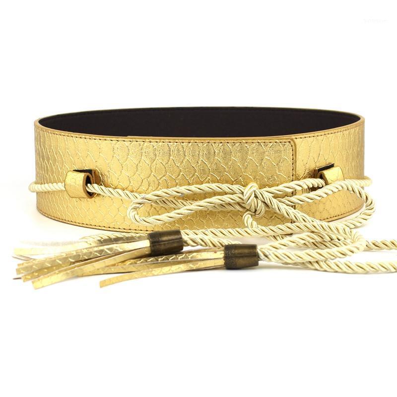 

Fashion waistbands for women gold ultra wide dress waist thin cotton rope tassel bow straps black knotted cummerbunds PU leather1