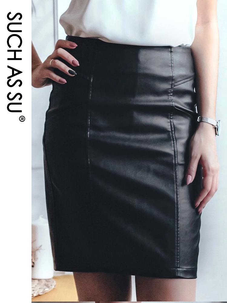 

SUCH AS SU New Fashion Winter PU Leather Women Black High Waist Occupation Work Pencil S-3XL Size Autumn Skirt Y200704