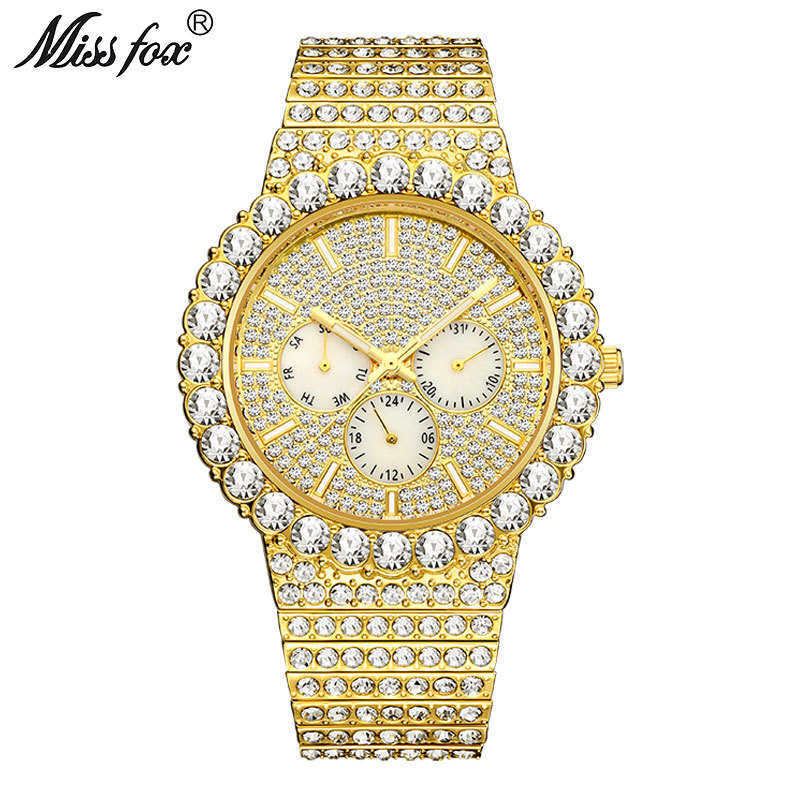 

Missfox high grade diamond inlaid hip hop star multi function luminous waterproof men's Quartz Watch, White