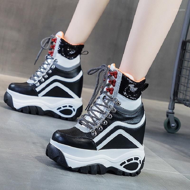

British Style New Height Increasing Platform Wedges Genuine Leather Women Mid-Calf Knight Boots Ladies High-top Sneaker Shoes1, White