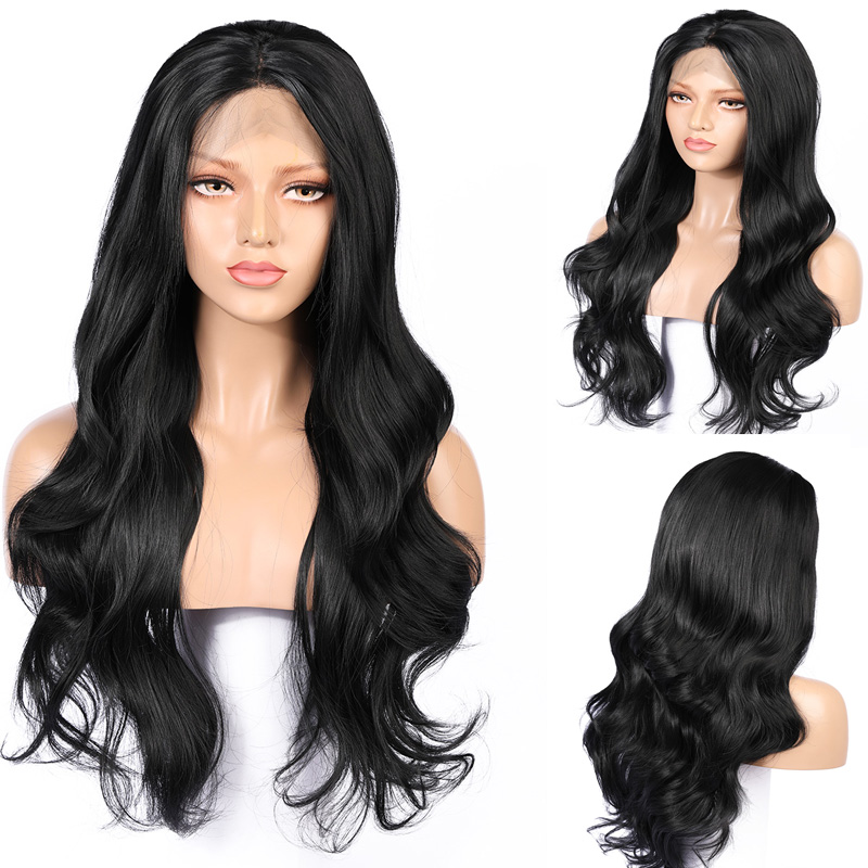 Costume Accessories Lace Front Wigs Long Wavy Hair Natural Black Color 1B Mixed Synthetic Wigs for Black Women Heat Resistant Fiber 26 Inch-image-749168347