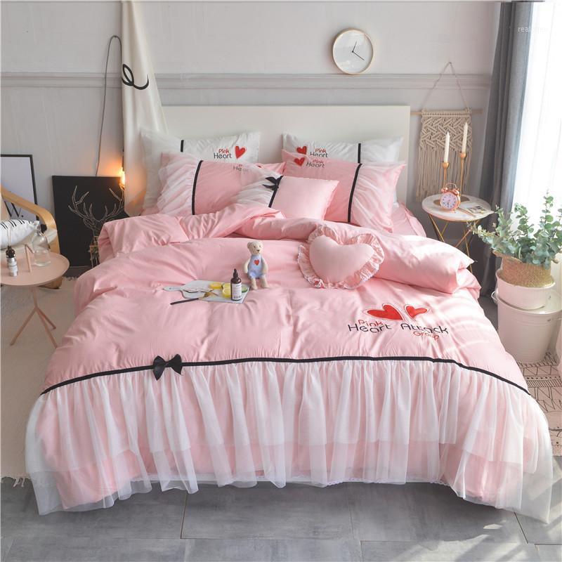 

Free shipping 100%cotton simple lovely princess bedding set 3/4pcs  full queen king size bow red heart bed skirt set MR1