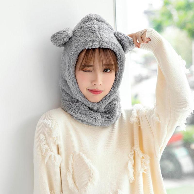 

Ins Women winter cute bear ears warm hat windproof neck scarf cap Head Cover Headscarf student women plus cashmere cap, Gray