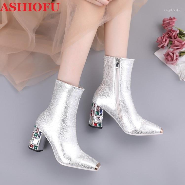 

ASHIOFU 2020 New Arrival Handmade Ladies Crystal Heels Boots Real Photos Sexy Party Prom Ankle Booties Evening Fashion Boots1, As pic