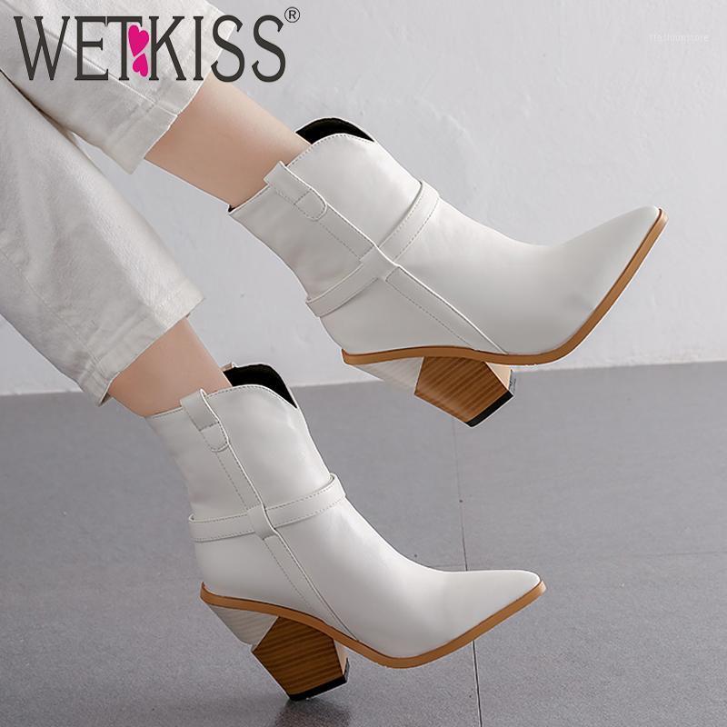 

WETKISS Pu Cowboy Boots Women Western Ankle Boot Female High Heels Wood Shoes Ladies Pointed Toe Shoes Women Winter 2021 New1, Black