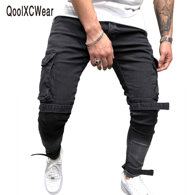 

Side pockets men jeans Straps skinny jeans men streetwear black biker jeans homme fashion jean men, Kg-1
