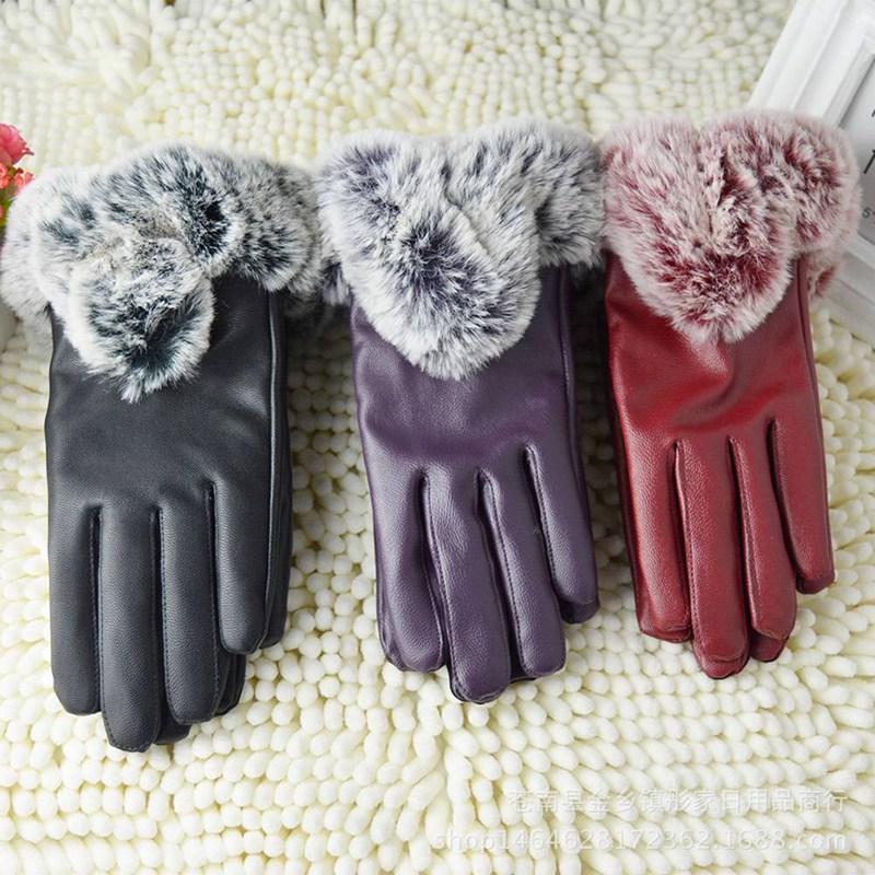 

New Arrival Gloves Women Lady Black Leather Gloves Autumn Winter Warm Fur Mittens Guantes Mujer