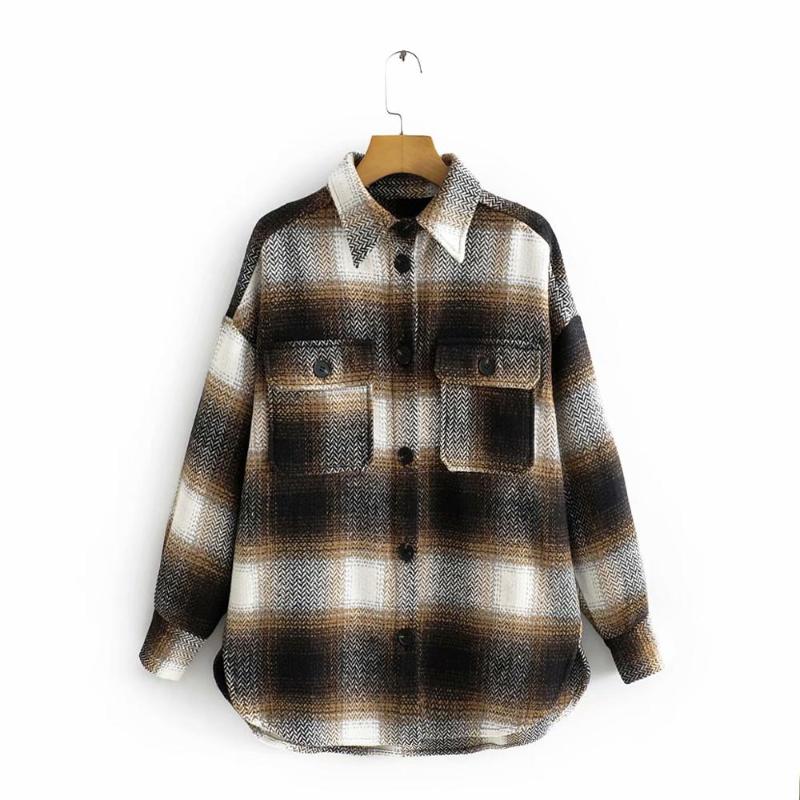 

2020 women vintage color matching plaid loose woolen jacket female double pockets oversize coat outwear casual chic tops CT386, She ct386k