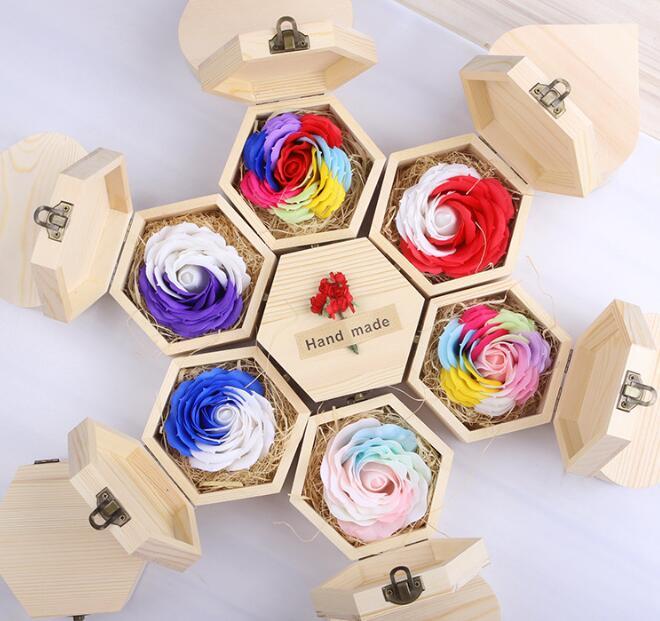 

1set 2.5" Multicolor Rose Flower Soap With Wood Box For Wedding Party Birthday Souvenirs Gifts Favor Home Decoration, Blue