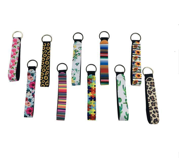 

Chain New Printed Floral Wristband Keychains Neoprene Key Ring Wristlet Keychain Party Favor 20 Designs Wholesale Free Ship