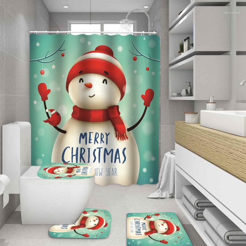 

Merry Christmas Snowman Bathroom Set Happy New Year Pattern Toilet Bath Mat and Shower Curtain Holiday Party Home Decoration1