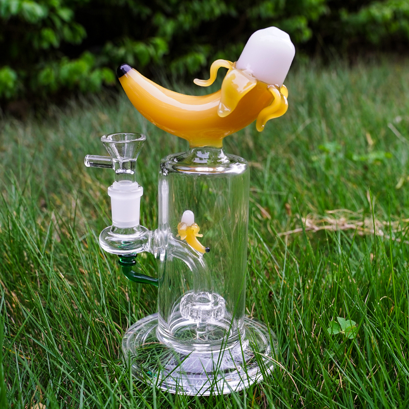 

Newest Glass Bong Unique Bongs Banana Shape Showerhead Perc Hookahs Oil Dab Rigs 14mm Female Joint Water Pipes With Bowl DHL20094