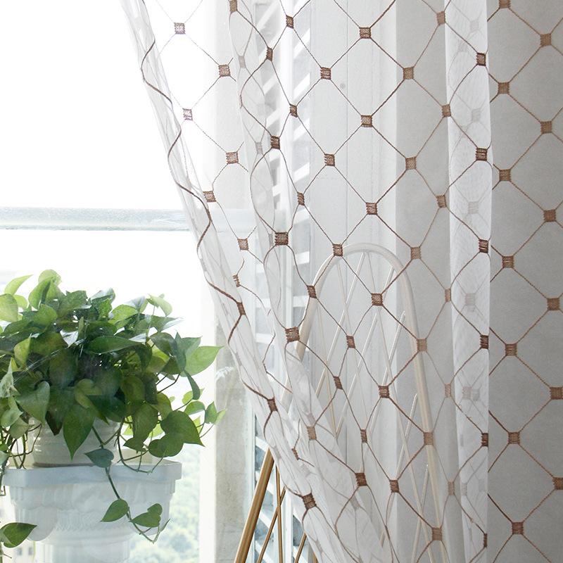 

Modern Coffee Sheer Grid Light-transparent Curtains Embroidered Window Screens for Living Room Bedroom Nice Tulle Curtain Fabric, Blue