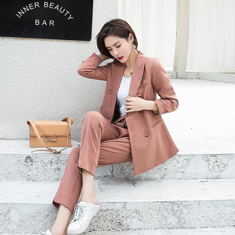 

Women Pant Suits Double Breasted Notched Collar Jacket Blazer & Sashes Pant Female Work Suits 2021 high quality DB5991, Pink