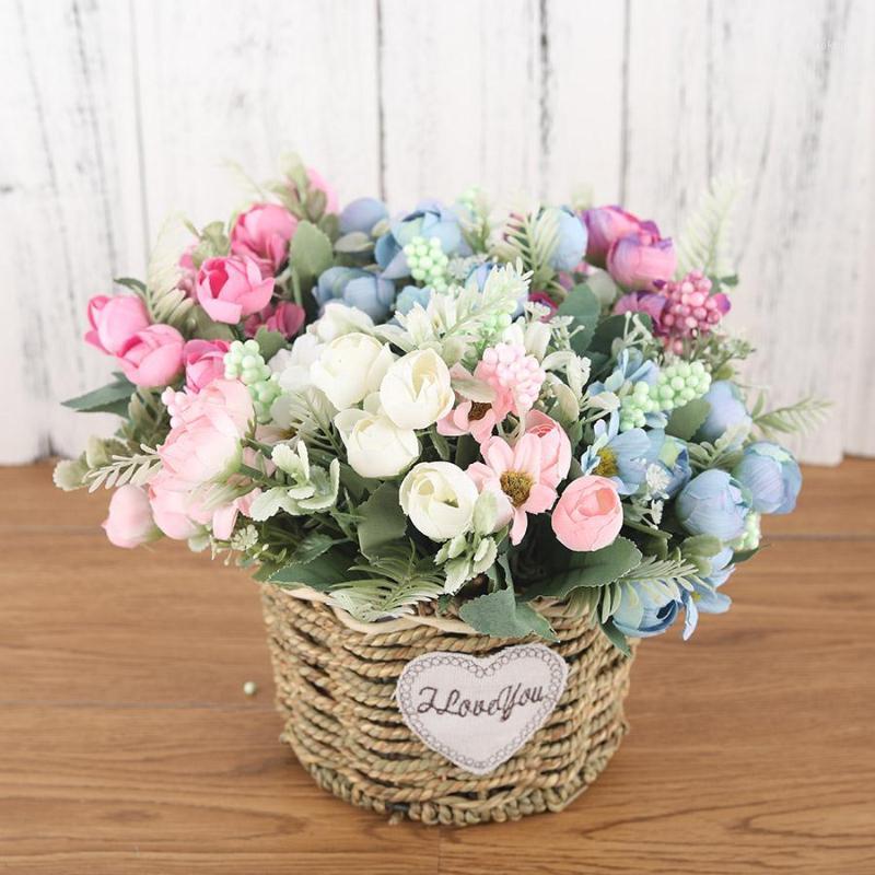 

10 Heads Artificial Rose Small Flowers Bouquet Silk Fake Flowers Pink White Blue Wedding Home Decoration Faux Palm Leaves Decor1