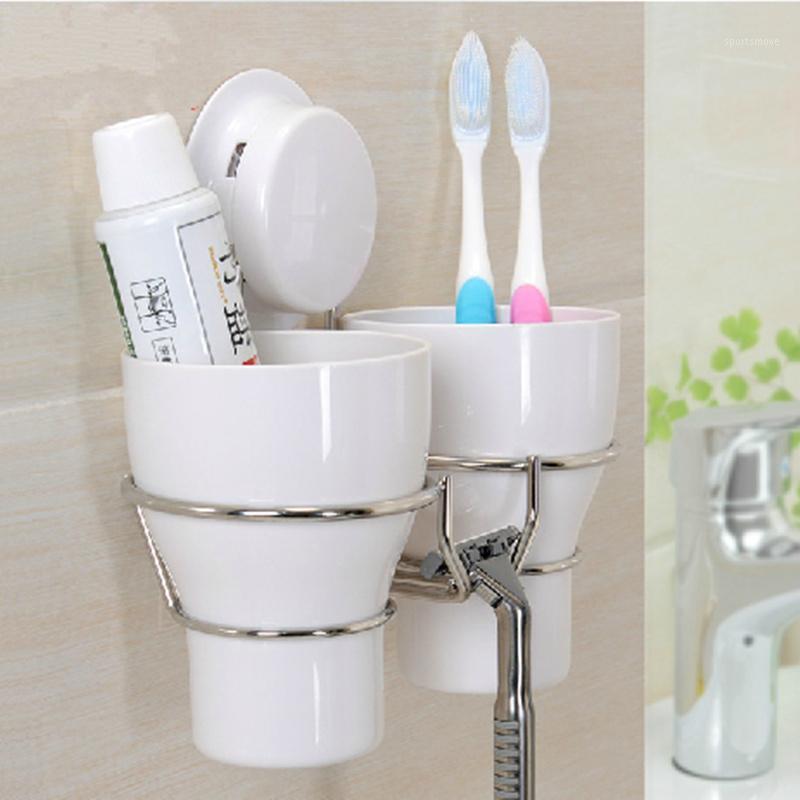 

High quality wall toothbrush holder set with 2 tooth brush mug white plastic Storage Cup decorative for bathroom accessories1