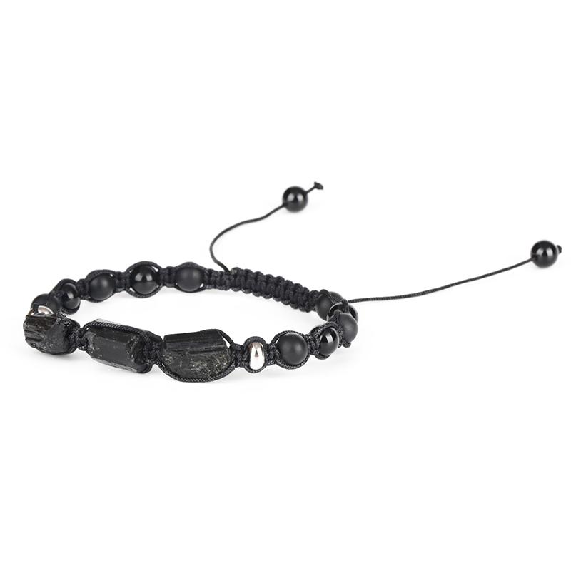 

Natural Rough Black Tourmaline Healing Stone Bead Matte Onyx Alternate Lava Nylon Rope Unisex Adjustable Energy Bracelet Gift
