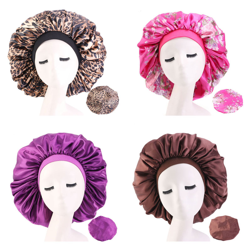

New Extra Large Satin Bonnet Women Solid Color Night Sleep Hat Hair Care Flower Print Caps