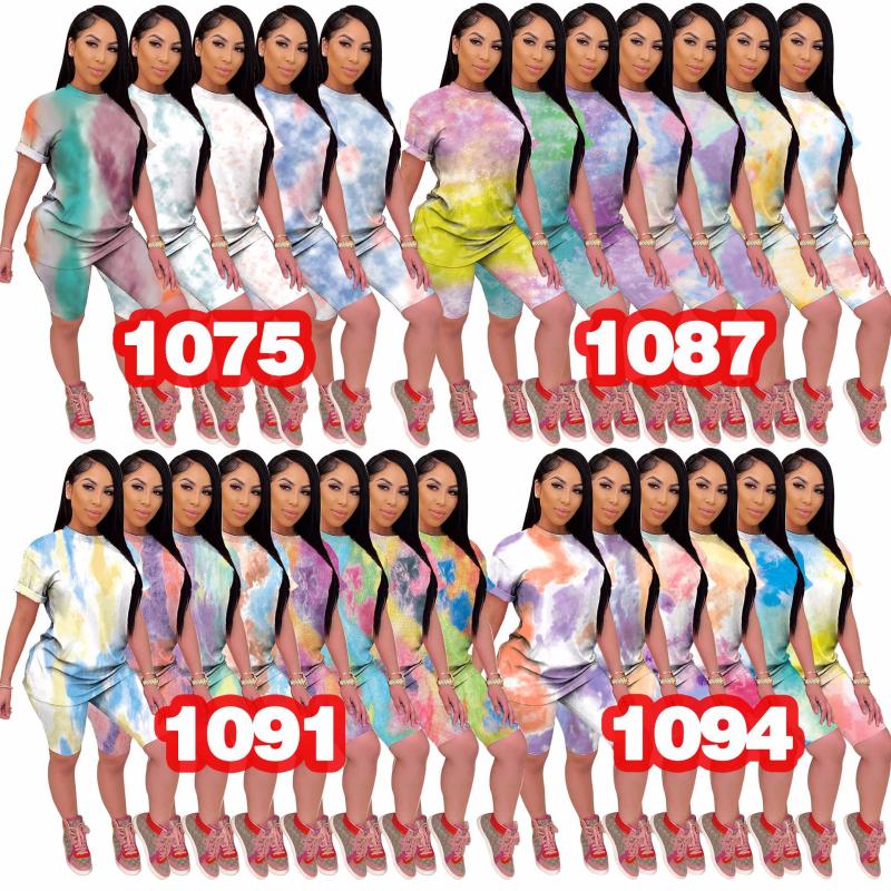 

25M1075 Summer Women Casual Two Piece Set Top and O-neck Tie-dyed Pants Tracksuit Sweatsuit Outfits, Blue pink