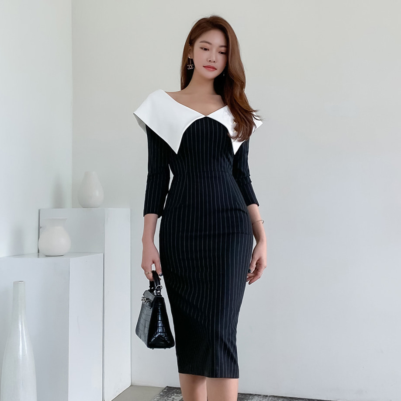 

2021 New Autumn Spring Office Lady Style V-neck Women Striped Elegant Female Vestidos Midi Wear to Business 9spi, Black