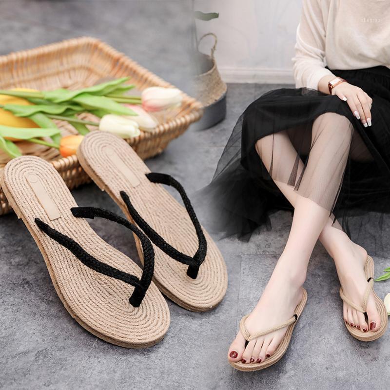 

Flats Bottom Concise Straw Weaving Slippers Women's Trendy National Beach Wind Clip Toe Slides Roman Outdoor Casual Flip Flops1, Beige