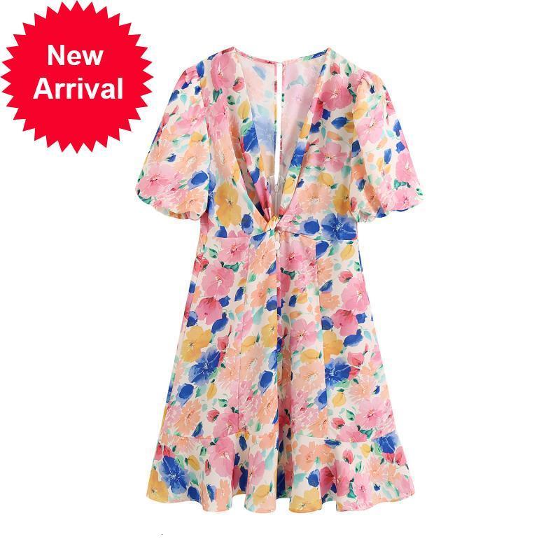 

Boho 2021 New Sexy Summer with Low-cut v Printing Fashion Short-sleeved Female Brand Design Sweet Holiday Dress Line to New V77L, Blue