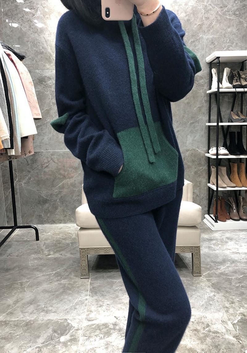 

2020 winter new women' suit wool and cashmere contrast color hooded knitted sweater and pants two-piece casual warm suit1, Navy blue