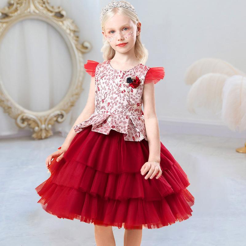 

Girl's Dresses Cake Lace Embroidery Princess Dress For Baby Girl Flower Elegant Birthday Prom Party Christmas Halloween Kids Clothes, Red;yellow