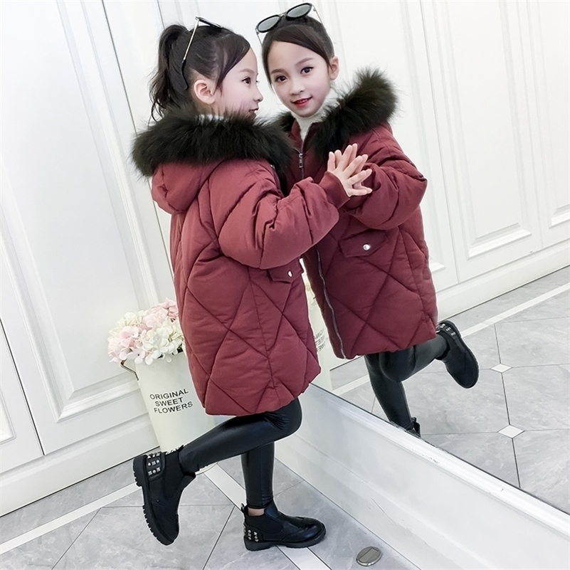 

Girls Winter Solid Pocket Coats Children Parkas Padded Cotton Fur Hooded Jacket Girl Long Warm Outfit 5 6 7 8 9 10 11 12 Years 201102, Red wine