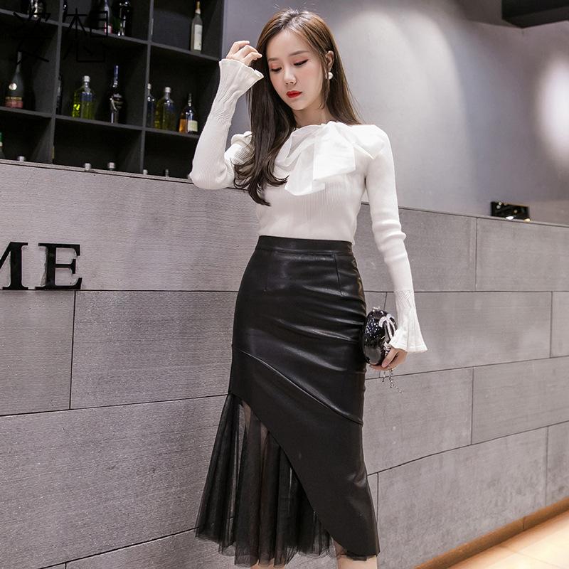 

Sexy Leather Splicing Mermaid Skirt Women Autumn Winter New High Waist Elegant Fashion Black One-step Lace Midi Skirts Woman