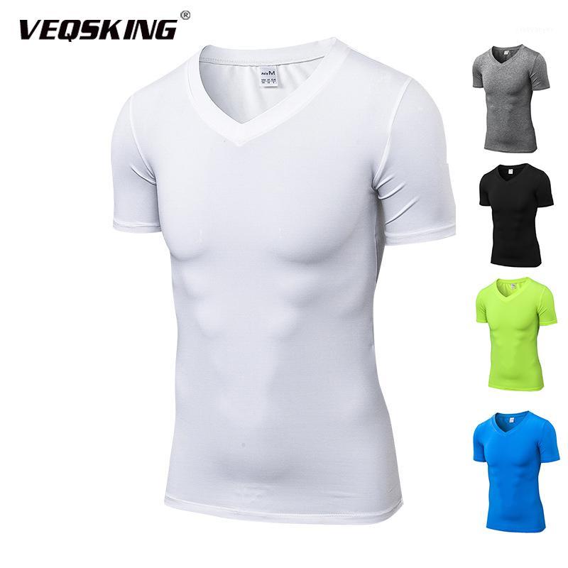 

Men' V-neck Tight Short Sleeve Pro Fitness Running Sports Training Stretch Quick-Drying Running T-shirt Clothes 11181, White