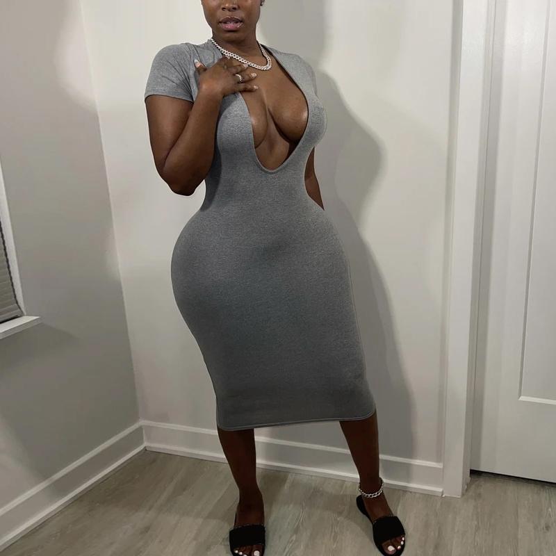 

Casual Dresses Hirigin Solid Women Short Sleeve Midi Dress V Neck Bodycon Sexy Streetwear Party Club Slim Festival Holiday 2022 Summer Cloth, Black
