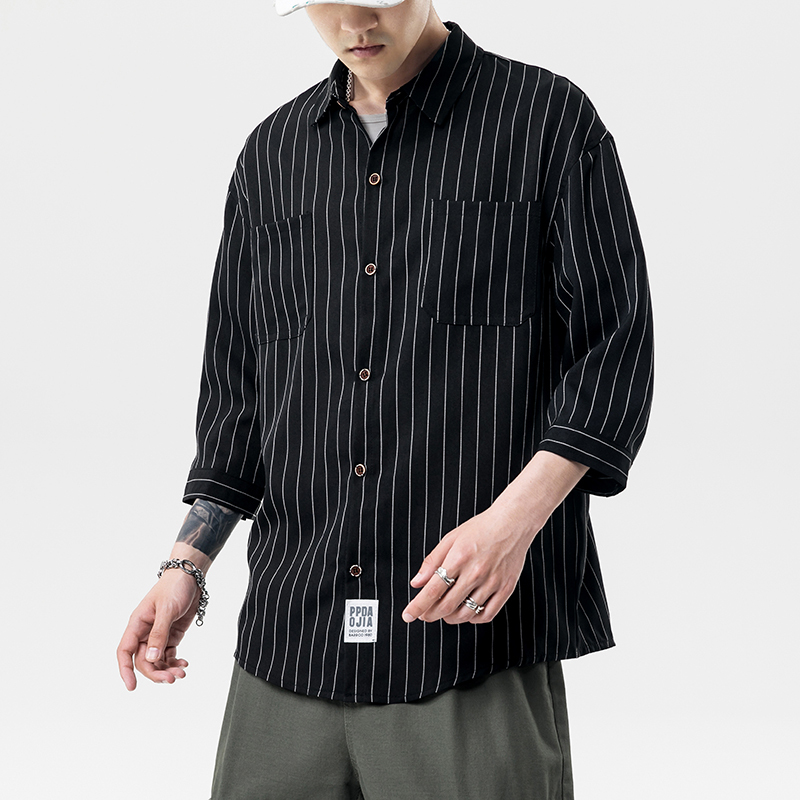 

Brand New 2021 Beach Summer Striped Short Sleeves Hawaii Collar Korea Style Black Shirt for Men's Harajuku Clothing Eew3, C515 1