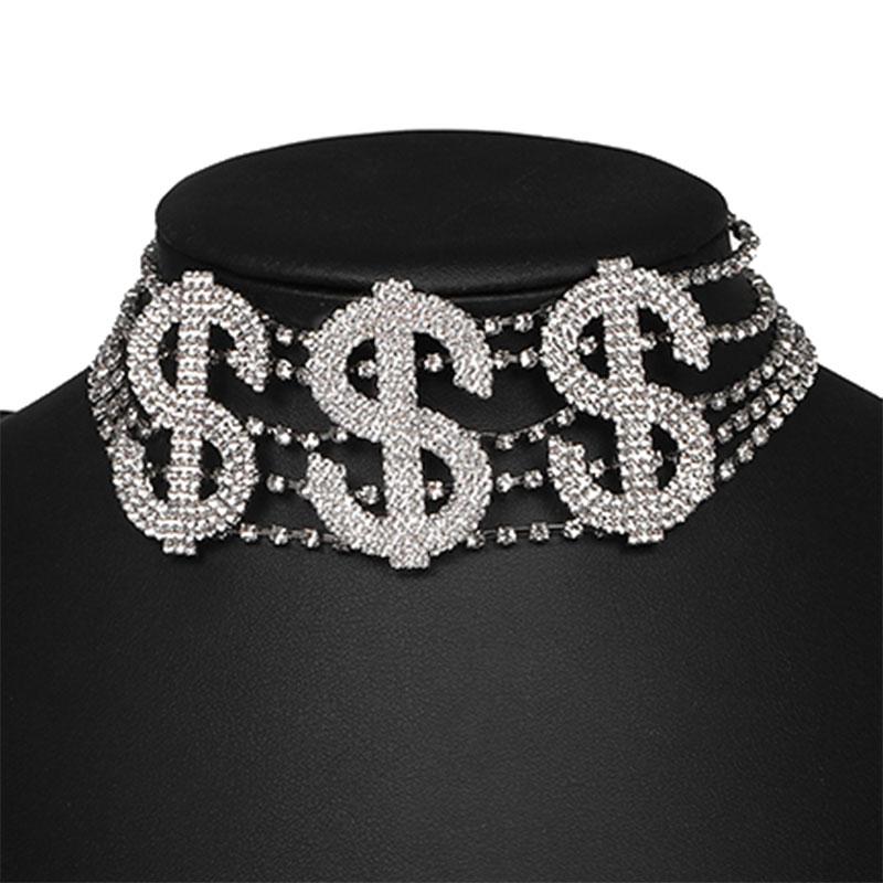 

Shiny Glass $ Shaped Chokers Necklaces for Women SIlver Color White Wedding Jewelry Gifts Multi Layer Statement Necklace Newest