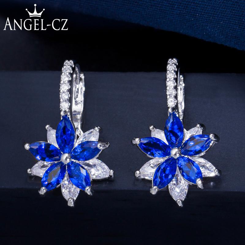 

ANGELCZ Korean Fashion Jewelry Roayl Blue Cubic Zircon Crystal Small Flower Cute Stud Earrings for Women Party Accessories AE246