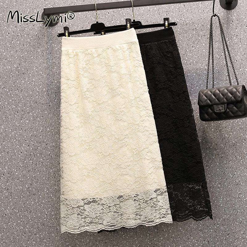 

4XL Plus Size Women Elegant Knitted Skirts Winter 2020 Korean Fashion High Waist Flower Lace Midi Shirts Both Sides Can Wear, Black