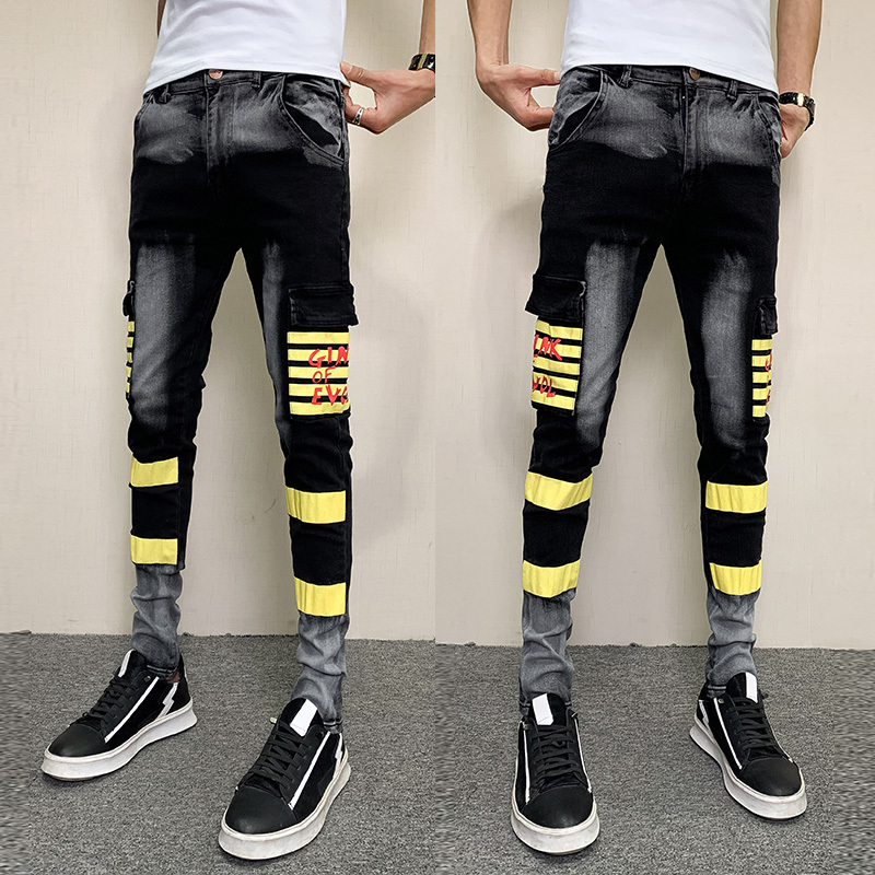 

2020 Gray Black Color Matching Jeans New Fine Fashion Setting Printed Breeches Streetwear Hip Hop Pants Zwtv