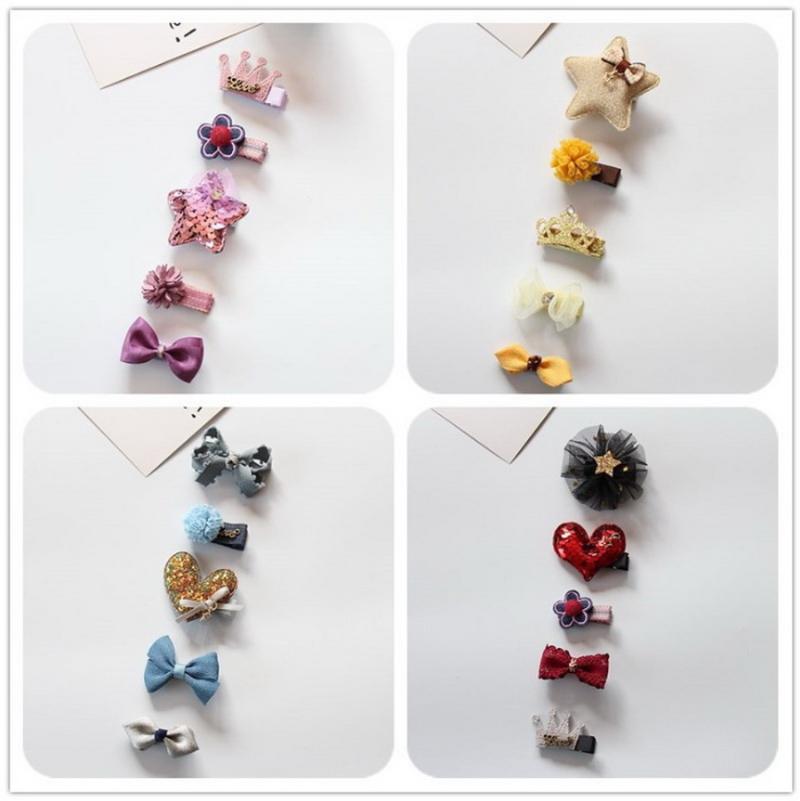

DHL 200bag 5pcs/bag Girls Cute Flower Princess Bow/Heart/Star Hair Pin Children Barrate Headwear Hair Accessories, 17 set can choose