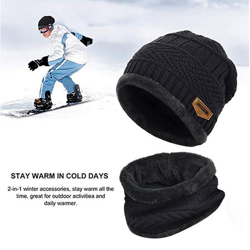 

Men Warm Beanie Winter Thicken Hat And Scarf Two-Piece Knit Windproof Cap#11.201, Black