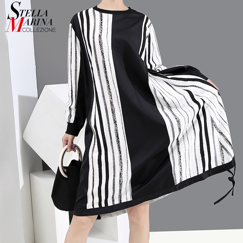 New Plus Size Long Sleeve Autumn Winter Woman Casual Black Striped Dress Ladies Straight Midi Dress Robe Femme Style 6513 201125Z