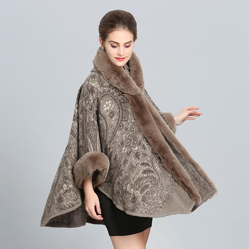 

New Women Elegant Cloak Faux Fur Woolen Outerwear 2020 Autumn Winter Mid Long Jackets Designer Top Quality Ladies Hooded Clothes, Khaki