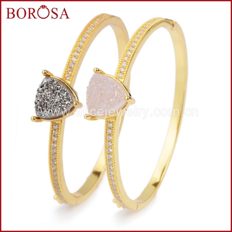 

BOROSA Druzy Bangles 12mm Triangle Gold Color Brass Natural Crystal Druzy Titanium AB Color Bangle White Zircon ZG96-1
