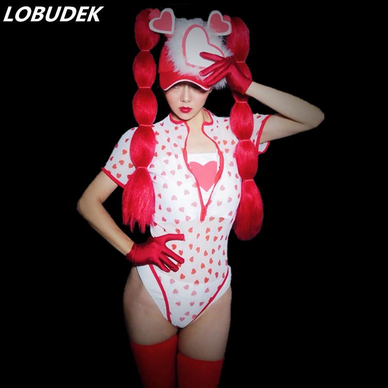 

See-through Red Heart-shaped Pattern Bodysuit Headdress Women Nightclub Sexy Stage Wear Dancer Team DJ Jazz Modern Dance Costume, Set