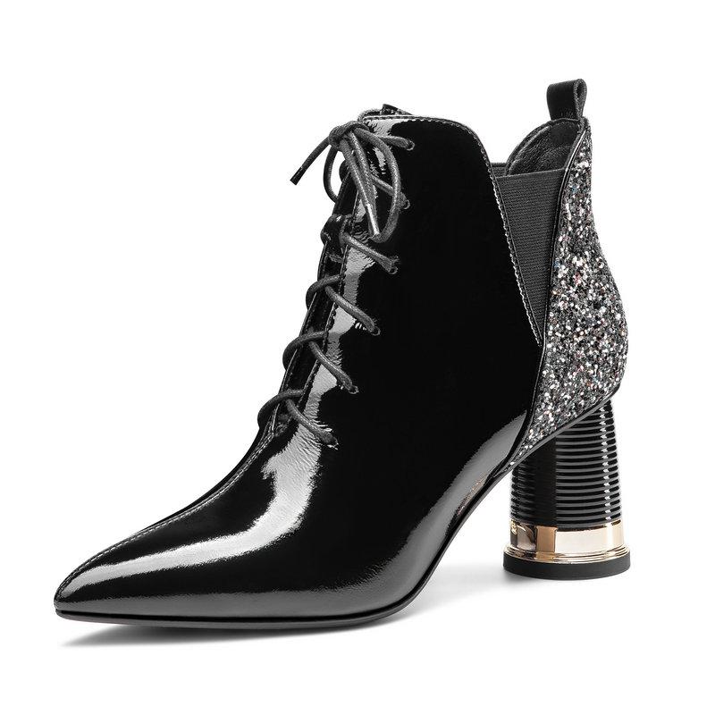 

Women Ankle Boots Pearl Pointed Toe High Heels Pumps Elegant Mixed Colors bling lace up Wedding Dancing Shoes Woman, Black