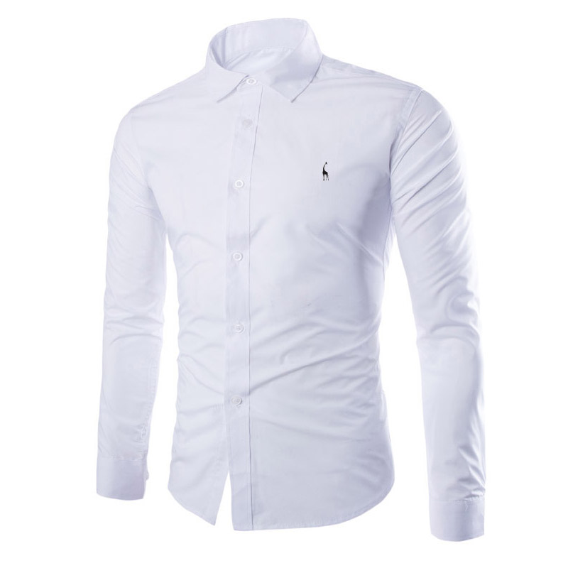 

Dropshipping Men Shirt Brand 2018 Male Giraffe Embroidery Long Sleeve Shirts Casual Hit Color Slim Fit Black Man Dress Shirts, White