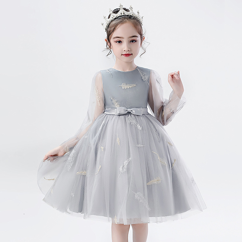 

2021 New Kids Elegant Girls Wedding Party Princess Lace Embroidery Children Clothes Ball Gown with Bow for 4-9t 5k9u, Gray