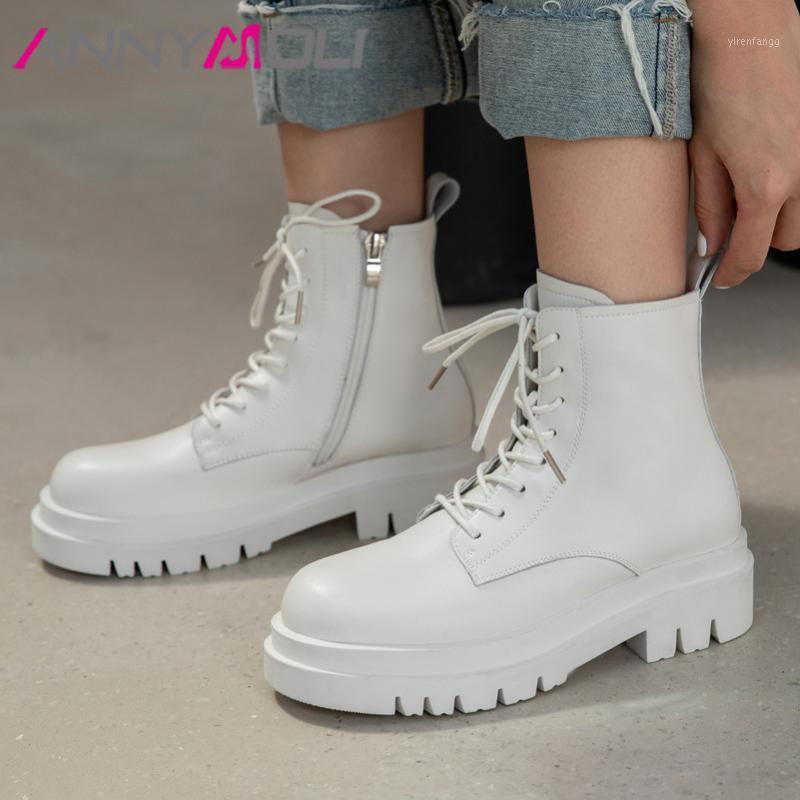 

ANNYMOLI Real Leather Platform Mid Heel Ankle Boots Women Motorcycle Boots Shoes Zip Lace Up Thick Heels Short Lady Beige1, Black synthetic lin