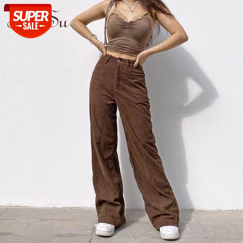 

ArtSu Aesthetics Solid Corduroy Wide Leg Pants Y2K Fashion High Waist Baggy Pants Vintage 90s Streetwear Brown Trousers PA52385 #660v, Black;white