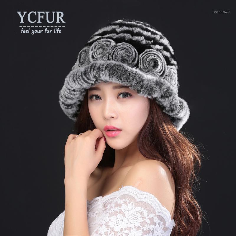 

YCFUR Fashion Women Hats Caps Warm Winter Knit Rex Fur Beanies Hats with Flowers Warm Soft Real Fur Berets Female1, Color 2